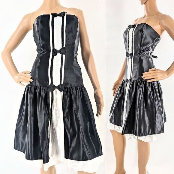 Vintage y2k Gunne Sax Strapless Mini Dress Tuxedo Menswear Bow Drop Waist 11 - Picture 1 of 11